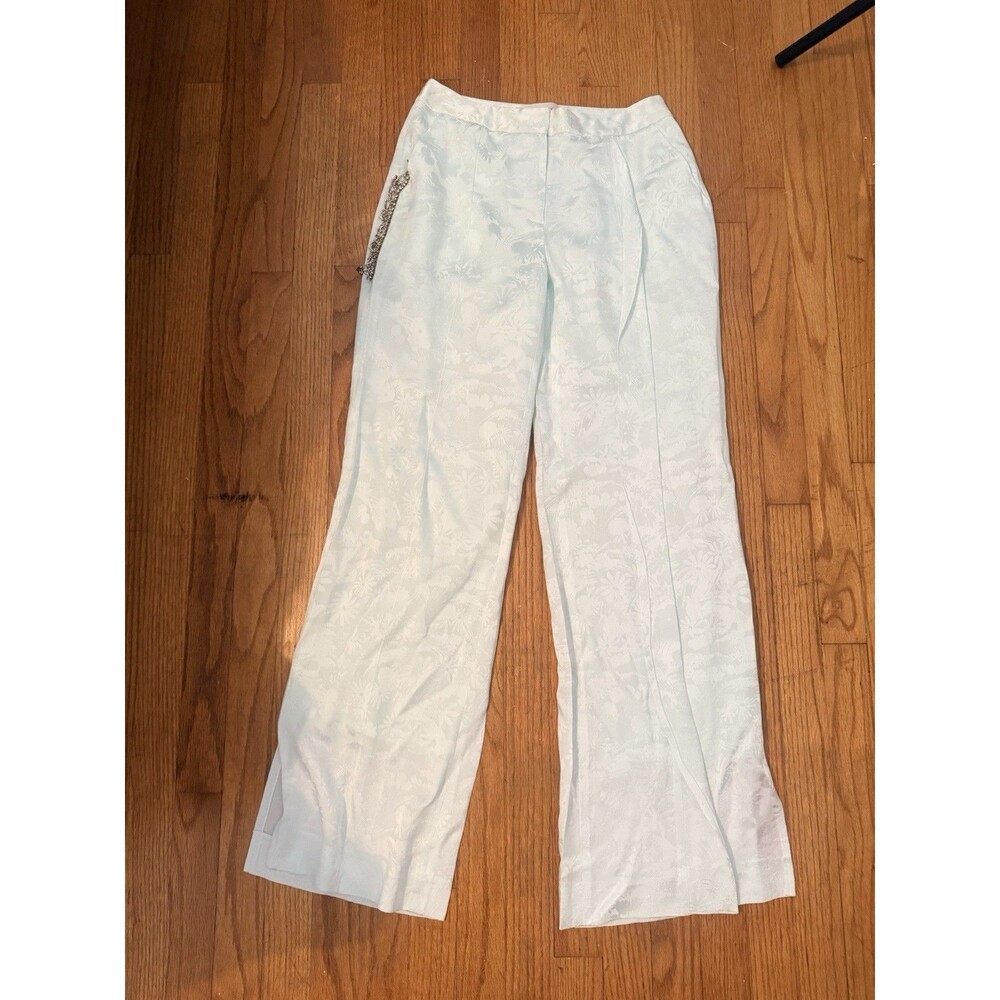 HELLESSY Floral Jacquard Satin Pants Size 4 Mint Rhinestone Fringe Wide Leg